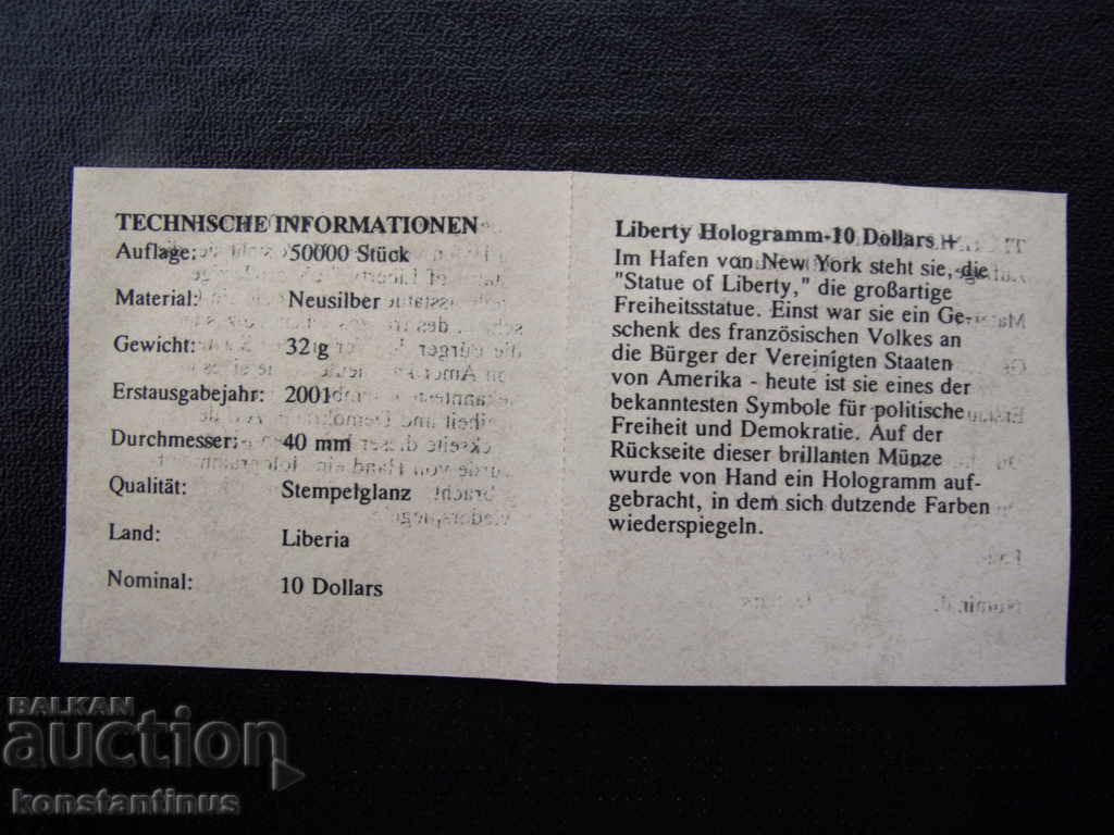 Liberia 10 USD cu Hologram 2000 UNC PROOF Rare - 5