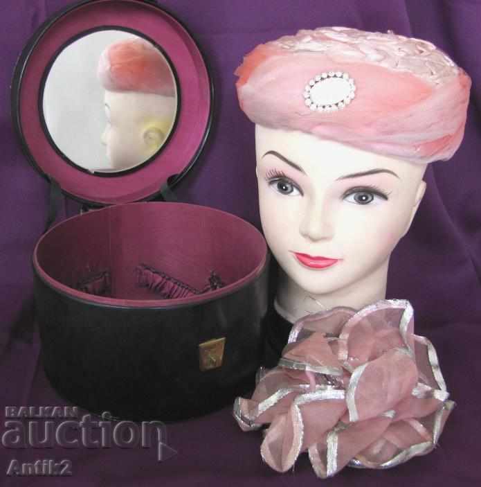 50's Antique Hat Set, Hat Box & Accessory