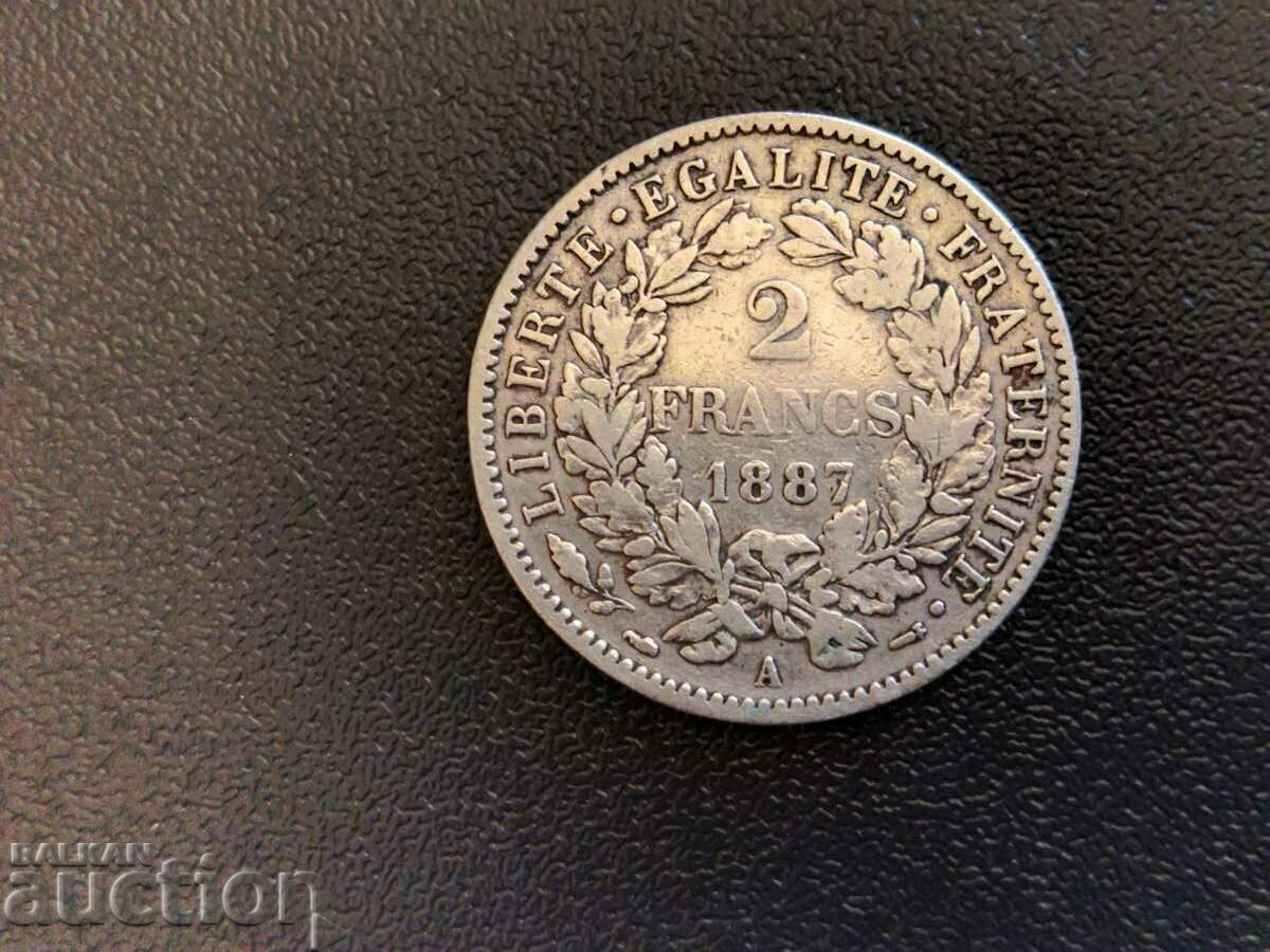 Moneda Franței de 2 franci 1887 A (Paris) argint