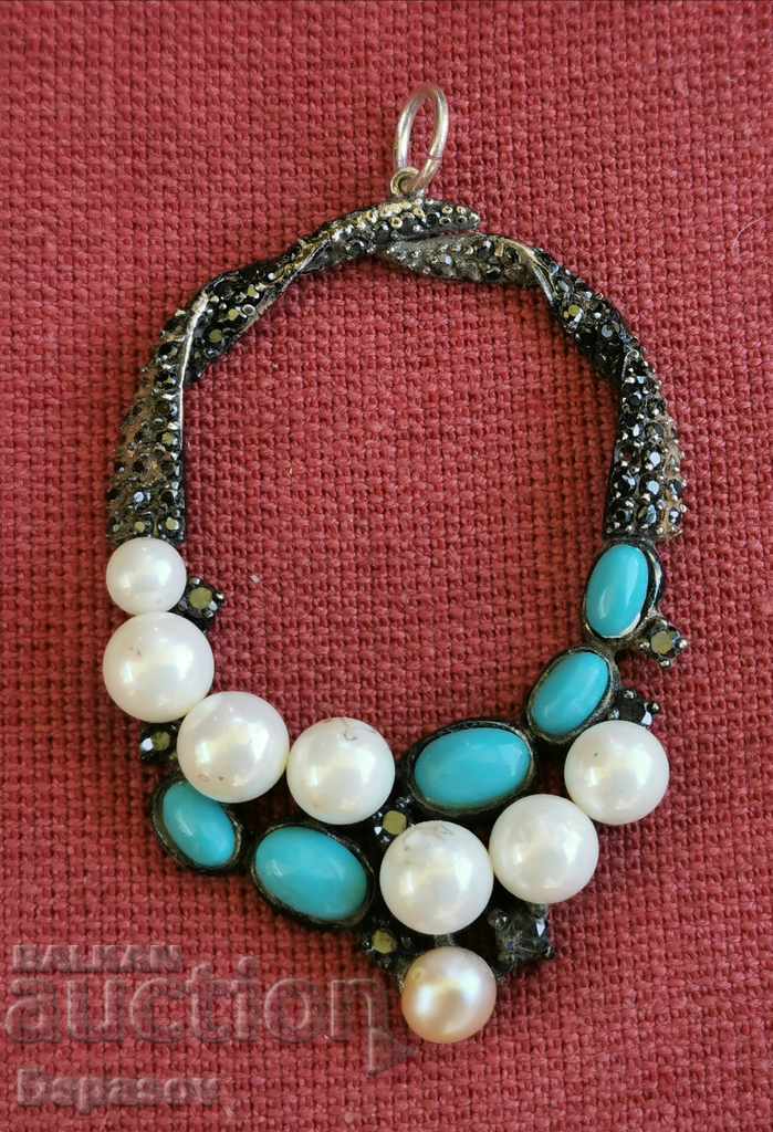 Silver Pendant with Pearl Turquoise and Zirconia