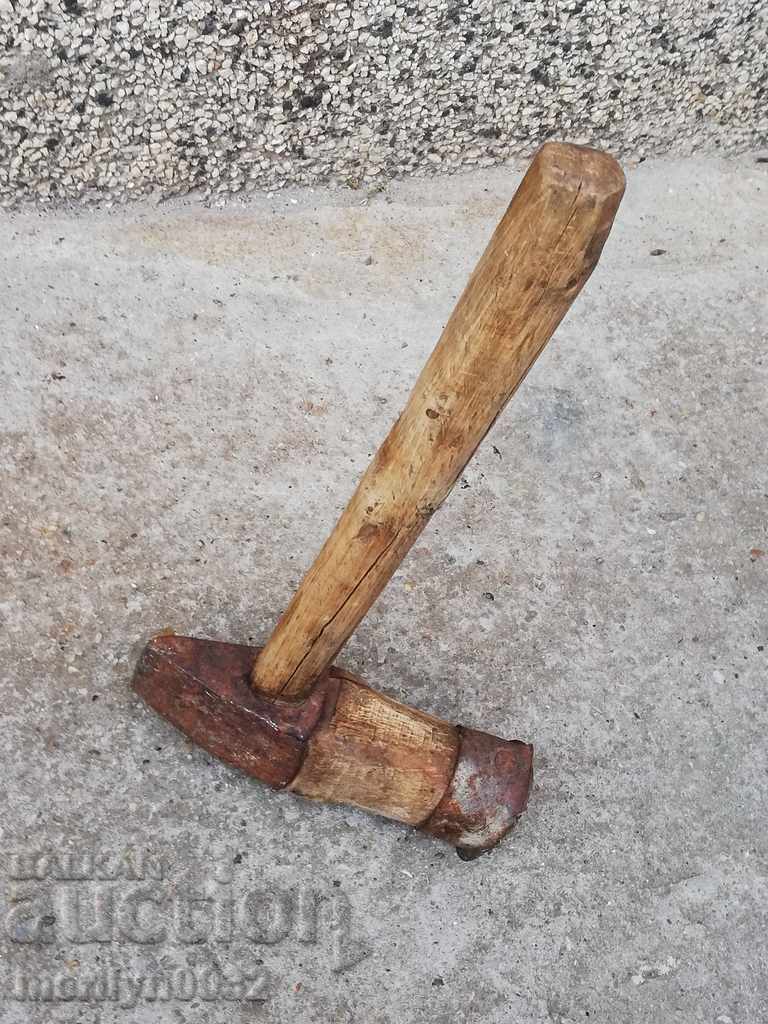 Old cooper's hammer, wooden, wrought iron, barrel - 5