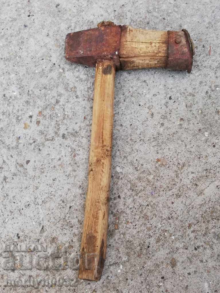 Old cooper's hammer, wooden, wrought iron, barrel - 7