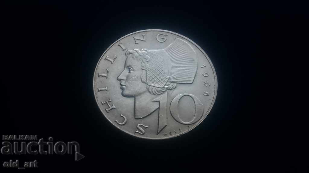 Монета - Австрия, 10 шилинга 1958 година сребро