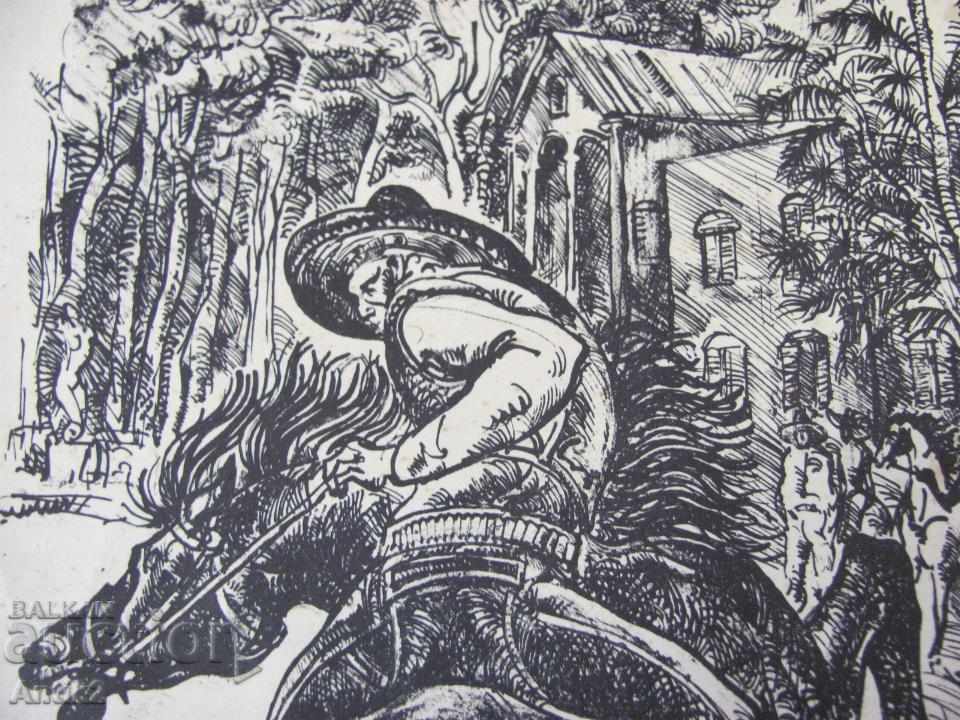Delivery of Old Original Graphics Horse-Cowboy 2 pieces Pen-lithographs Delivery of Old Original Graphics Horse-Cowboy 2 pieces Pen-lithographs