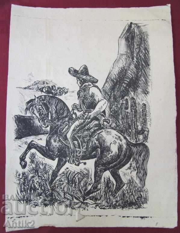 Old Original Graphics Horse-Cowboy 2 pieces Pen-lithographs - 6 Old Original Graphics Horse-Cowboy 2 pieces Pen-lithographs - 6