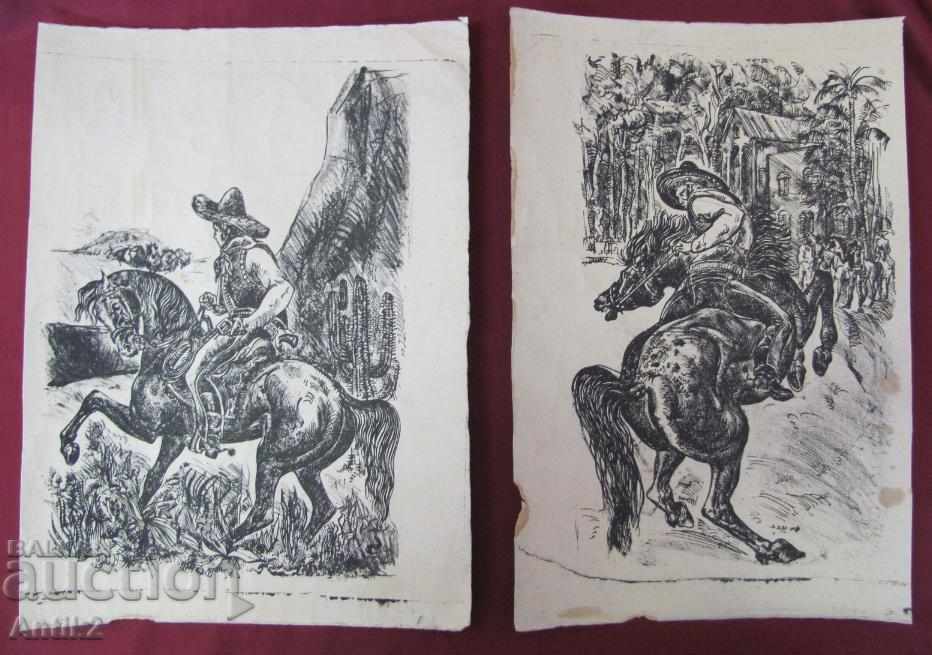 Old Original Graphics Horse-Cowboy 2 pieces Pen-lithographs