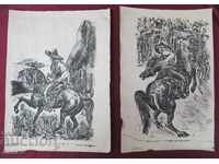 Old Original Graphics Horse-Cowboy 2 pieces Pen-lithographs