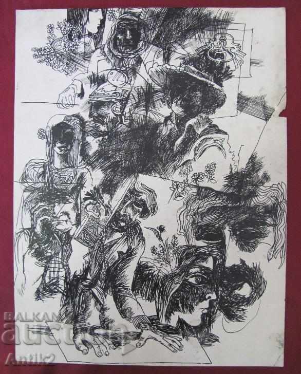 Old Original Painting Graphics ink drawing on cardboard