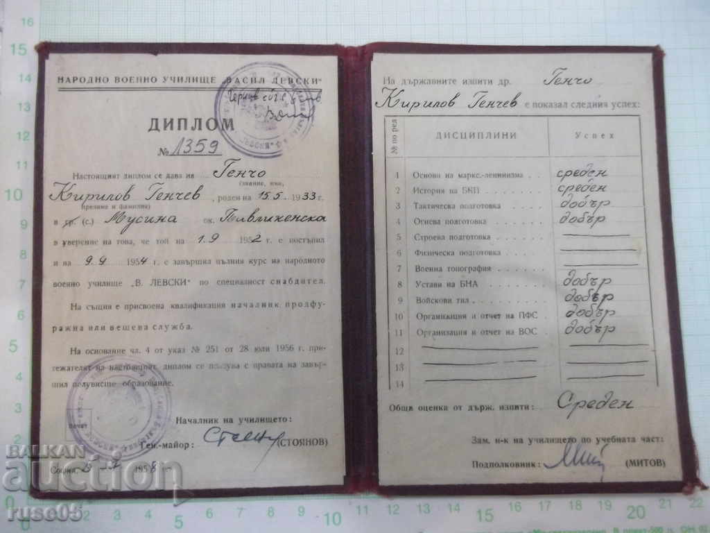 Diploma from Vasil Levski National Military School with price 10.00 BGN | € 5.11