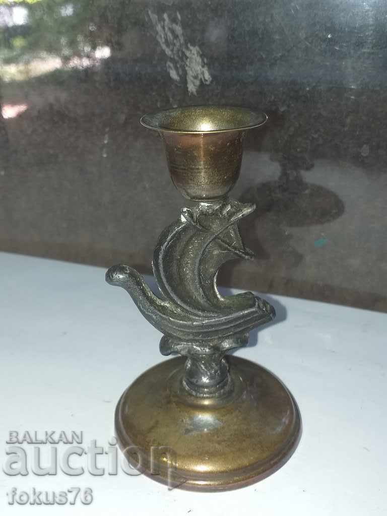 OLD BRONZE CANDLESTICK WITH ORAMENTS