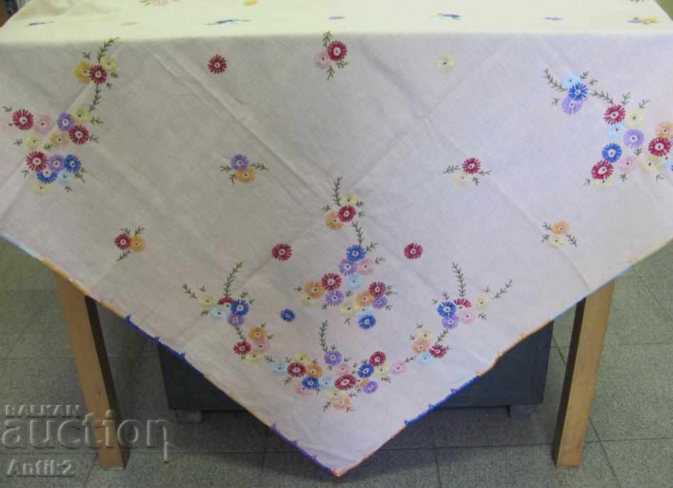 Old hand embroidered large tablecloth