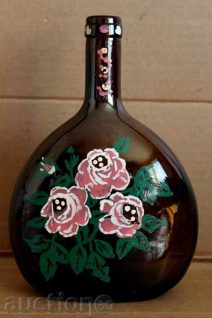 . СТАРО РЪЧНО РИСУВАНО ШИШЕ БЛАГА РАКИЯ ГАРАФА ЦВЕТЯ РОЗИ