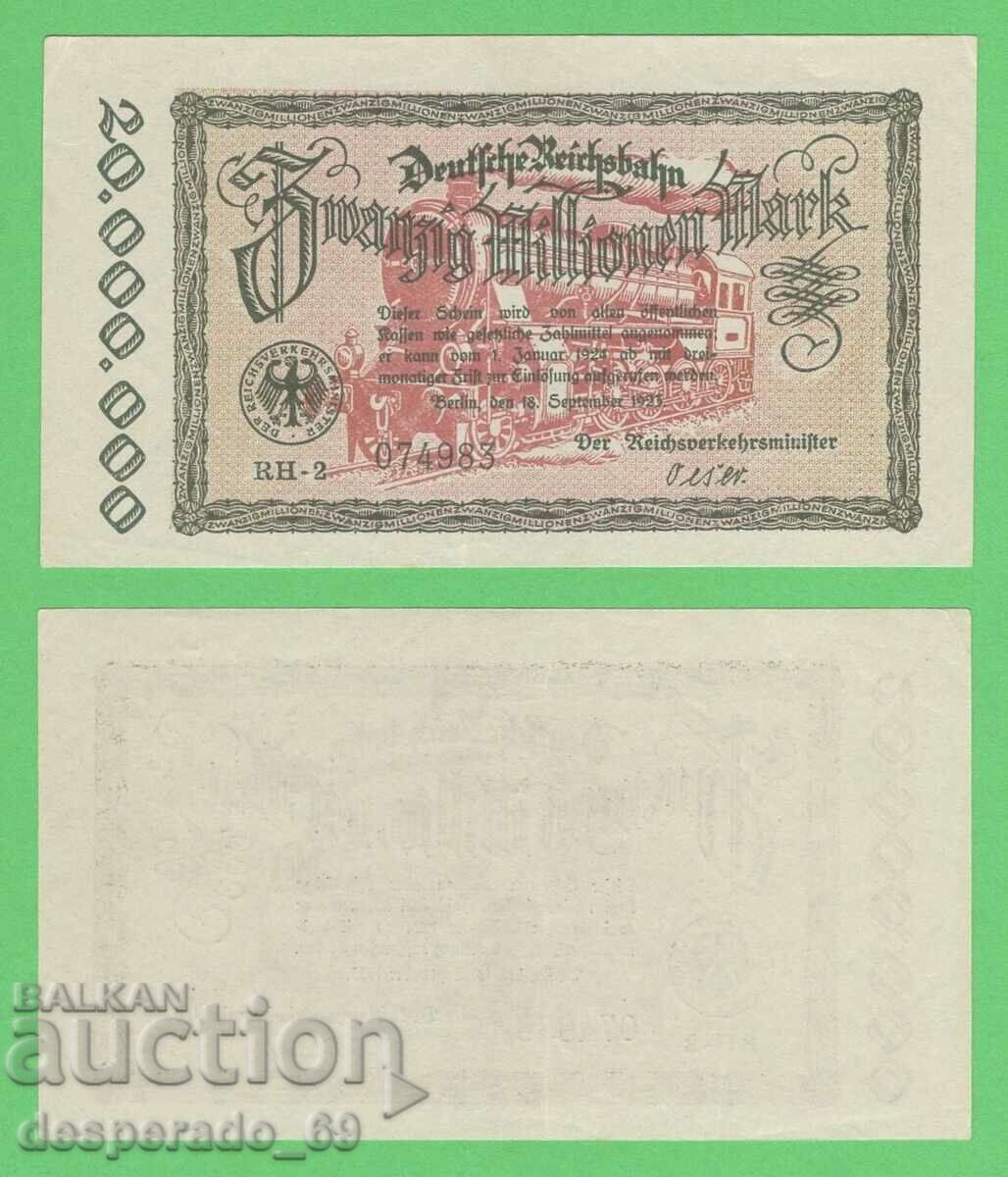 (¯`'•.¸GERMANY (D.Reichsbahn) 20 million marks 1923 UNC