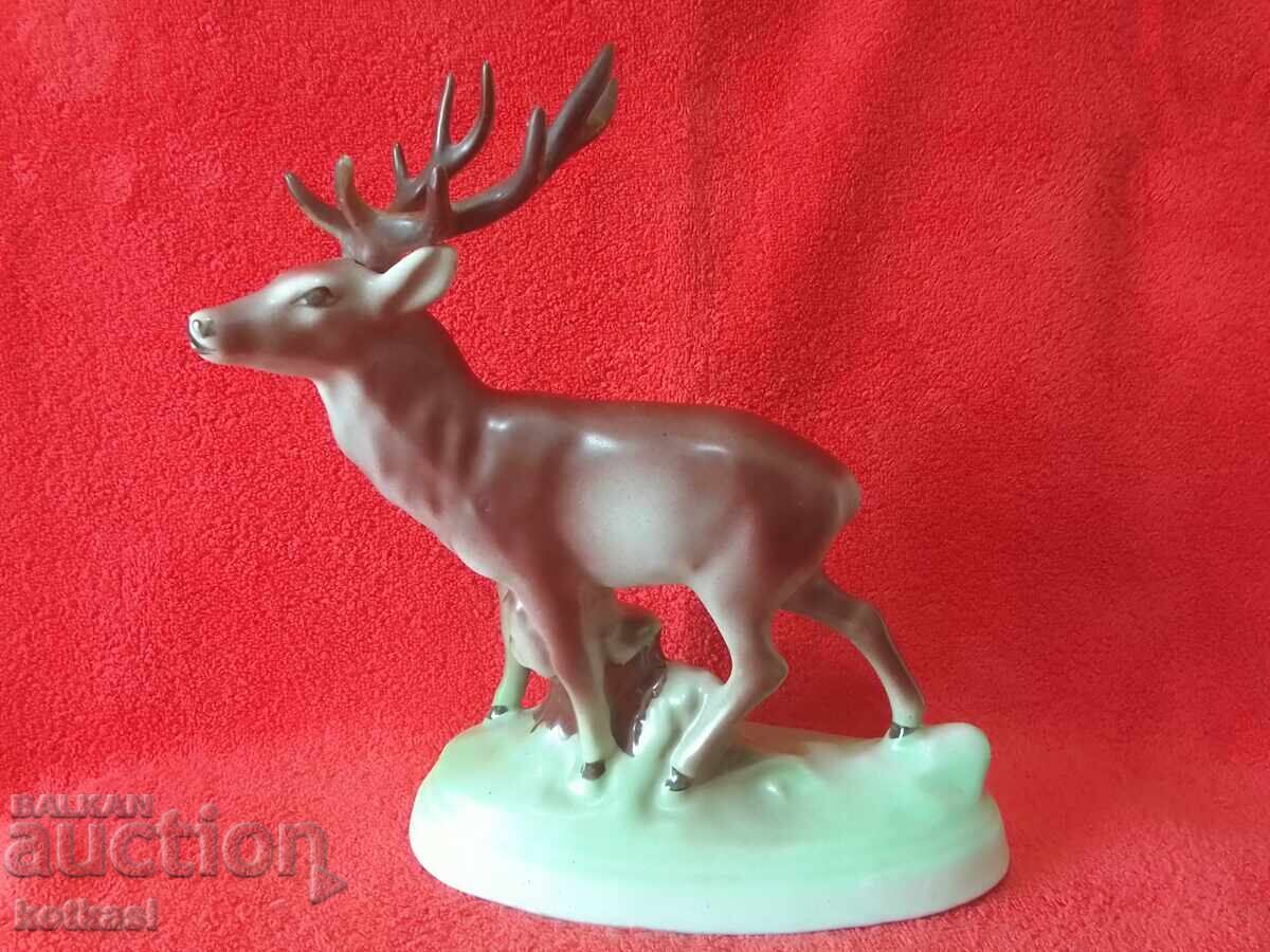 Old large Bulgarian social porcelain figure Deer with horns Old large Bulgarian social porcelain figure Deer with horns