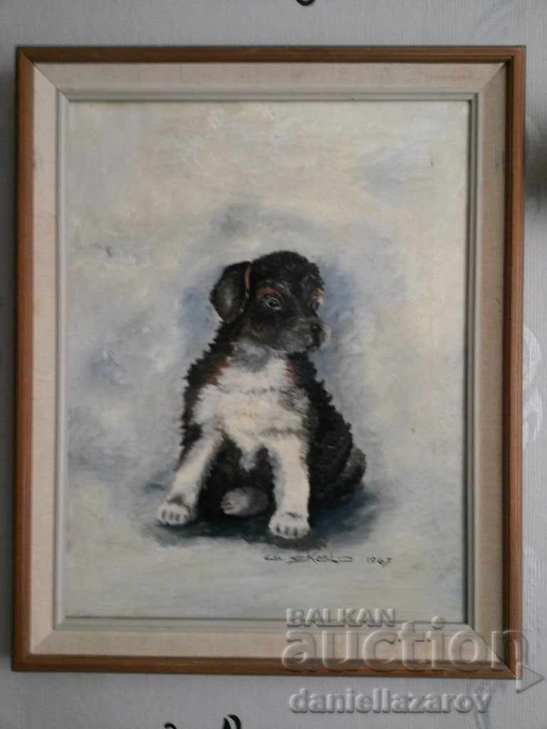 Pictură suedeză veche de autor „Cățeluș” G.Sköld 1967