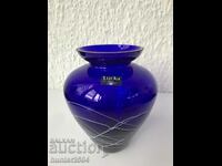 Vase thin cobalt blue glass height 18cm.