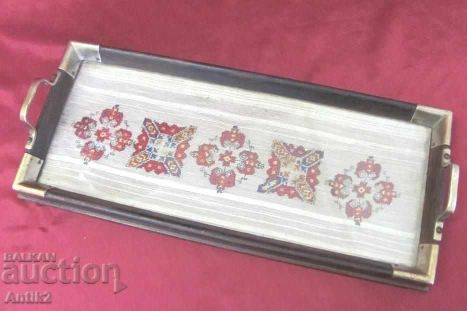 Auction  19th century Tray of wood, metal and hand-sewn embroidered cedar