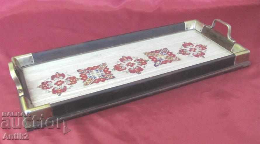 19th century Tray of wood, metal and hand-sewn embroidered cedar - 7