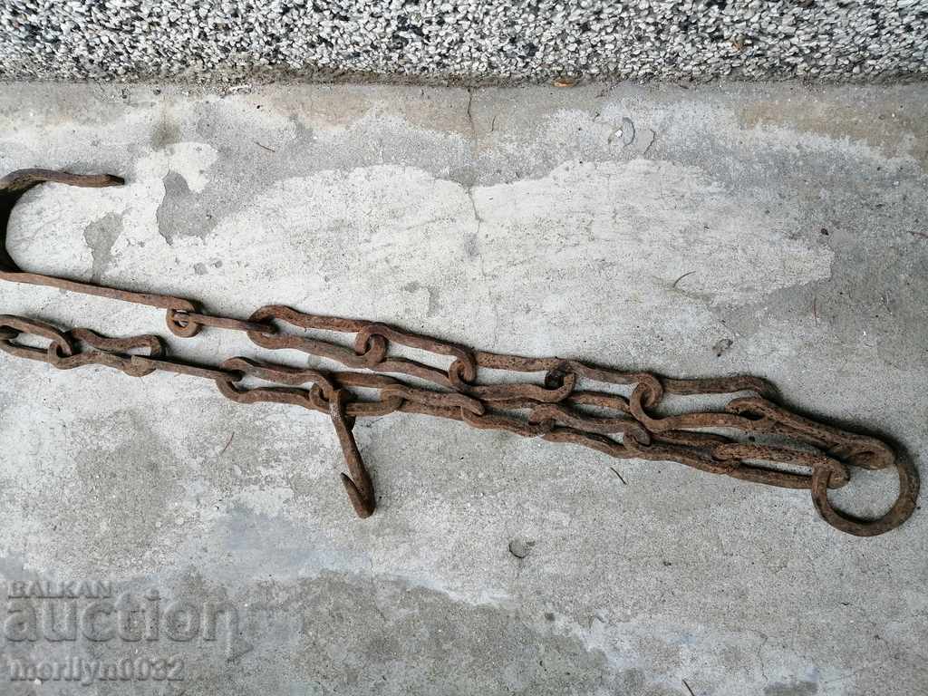Auction  Old forged chain with hook, hearth for hearth chain hook