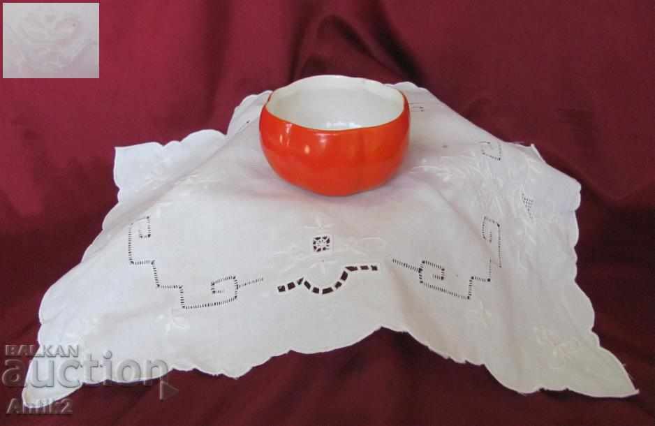 Old Porcelain Cup marked and embroidered tablecloth