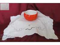 Old Porcelain Cup marked and embroidered tablecloth