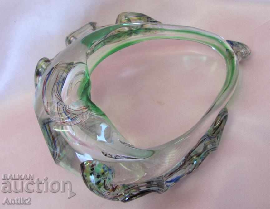 Auction Old Morano Crystal Glass Basket, Bonbonniere Auction Old Morano Crystal Glass Basket, Bonbonniere