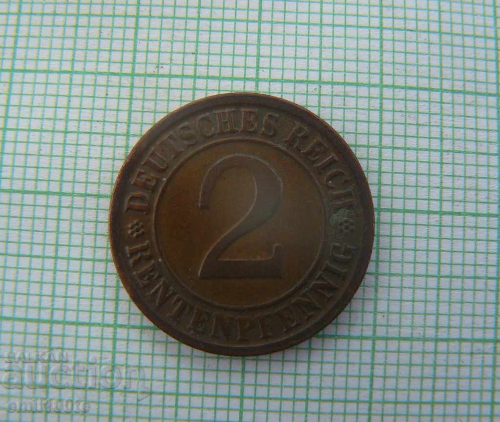 2 пфенига 1924 G Германия с дефект Спукана матрица