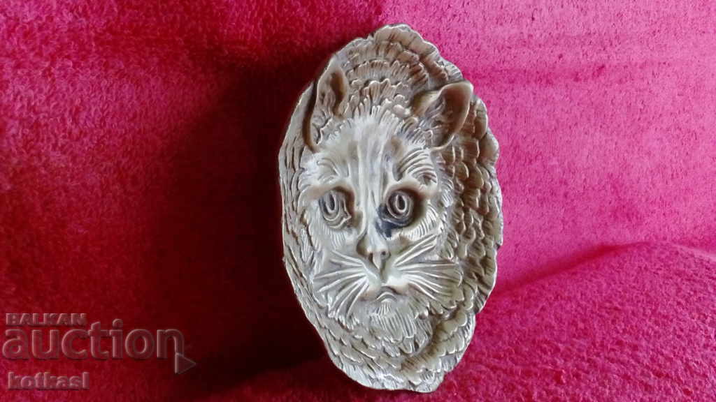 Παλιό μεταλλικό μπρούτζινο πιάτο πάνο Cat - 5