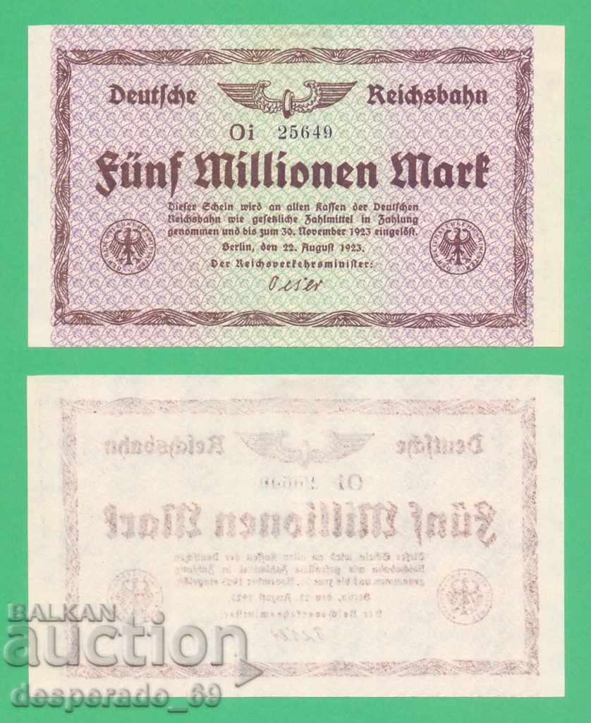 (¯`'•.¸ГЕРМАНИЯ (D.Reichsbahn) 5 милиона марки 1923 UNC