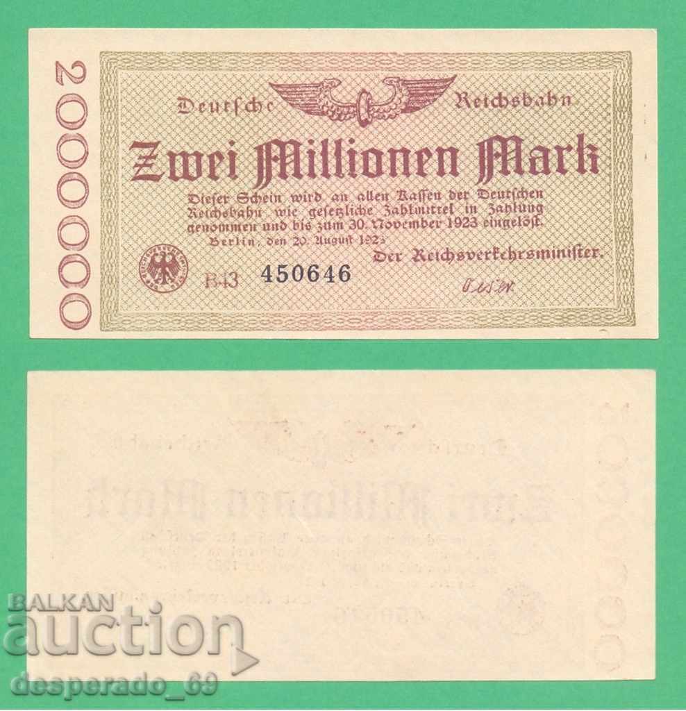 (¯`'•.¸ГЕРМАНИЯ (D.Reichsbahn) 2 милиона марки 1923 UNC