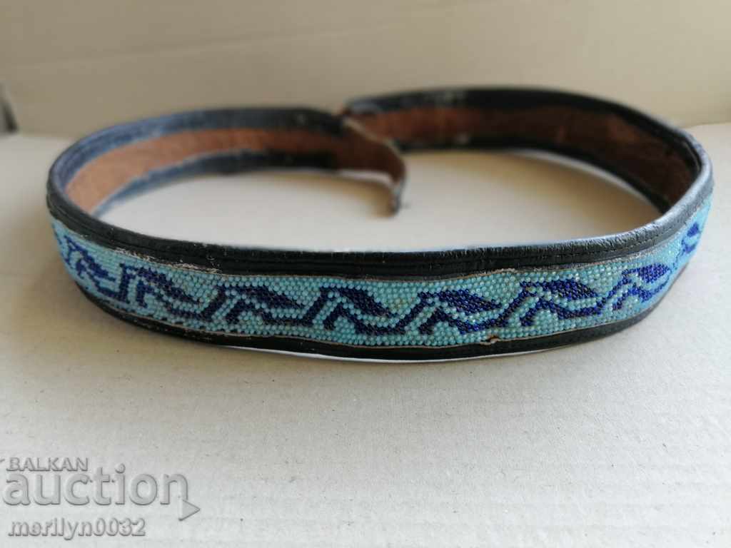 Old leather belt with beads bruises girdle costume belt