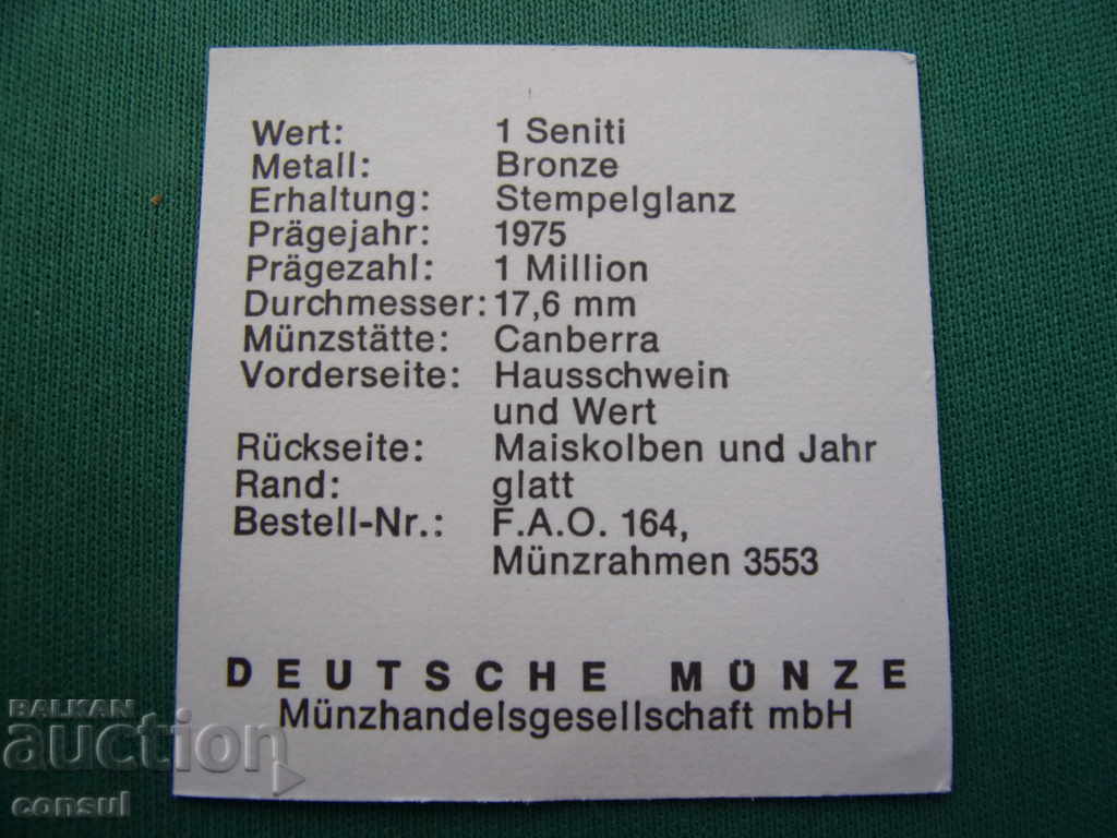 Licitație Tonga 1 Senity 1975 F.A.O. Monedă rară