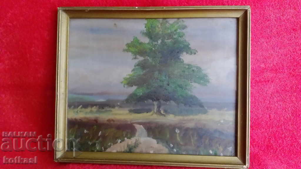 Old painting oil cardboard Landscape Frame glass Encho Yordanov