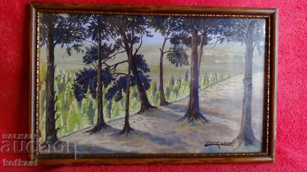 Pictură veche Peisaj de pădure ramă acuarelă sticla autor
