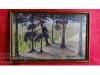 Pictură veche Peisaj de pădure ramă acuarelă sticla autor