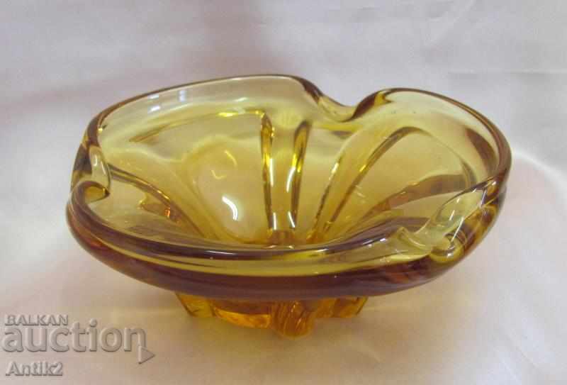 Old Crystal Amber Glass Ashtray