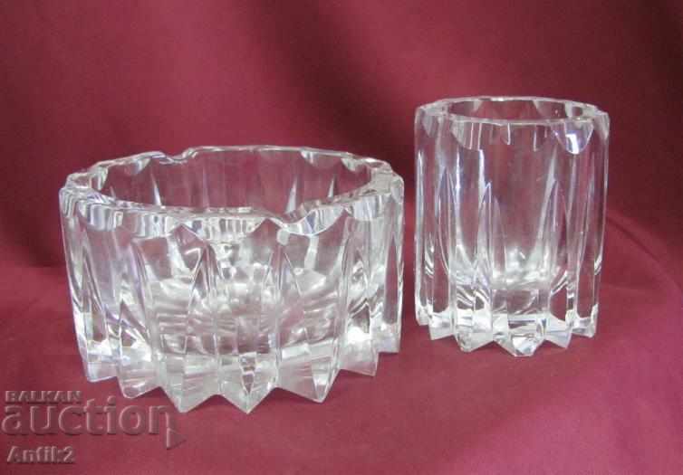 Old Crystal Glass Set Ashtray & Cigarette Cup