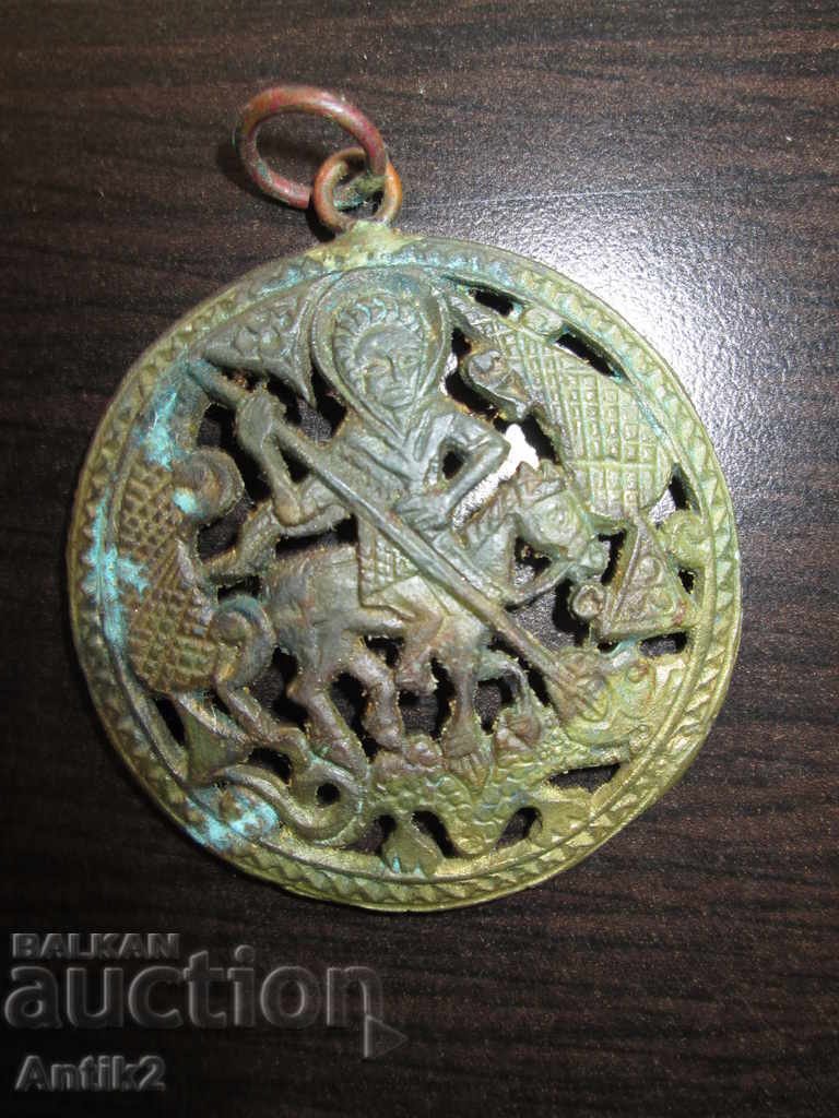 19c. vechi medalion de bronz Sfântul Gheorghe