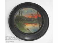 Old picture drawing landscape oil on wooden plate