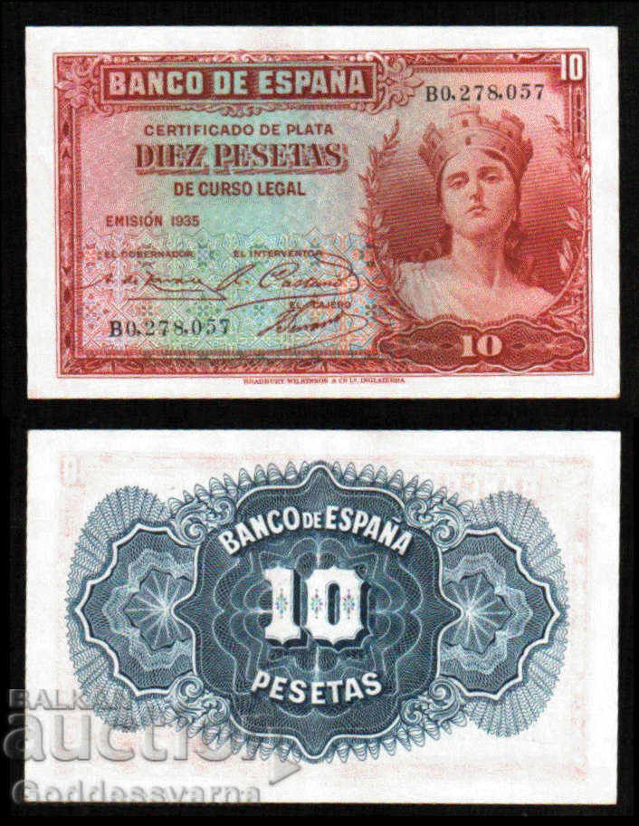 Spain 10 Pesetas Banknote 1935 aUnc Pick 86