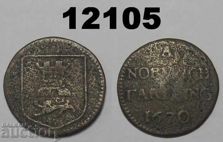 Ένα νομίσμα Farthing της Νόργουιτς Farthing 1670