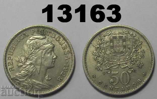 Portugalia 50 centavos 1928 XF + / AU monedă excelentă