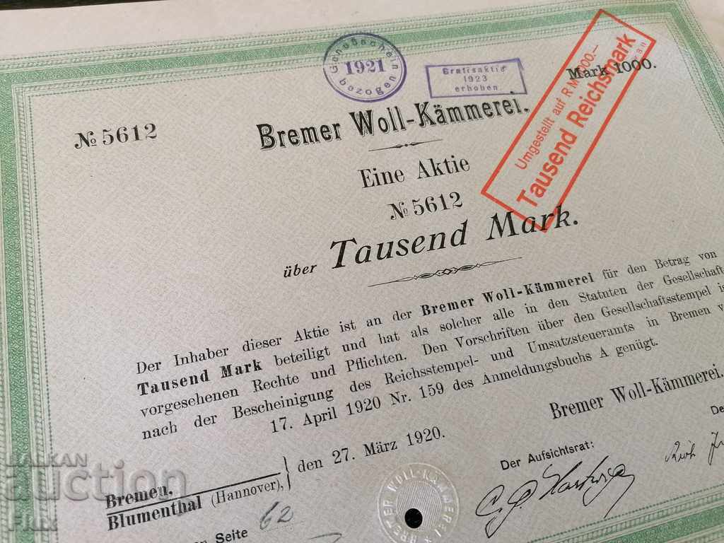Auction  Promotion for 1000 marks Bremen Woll-Kämmerei | 1920