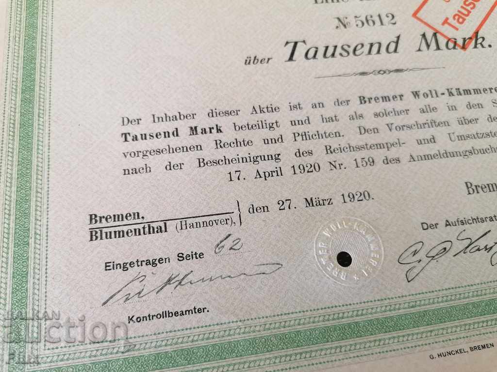 Delivery of Promotion for 1000 marks Bremen Woll-Kämmerei | 1920