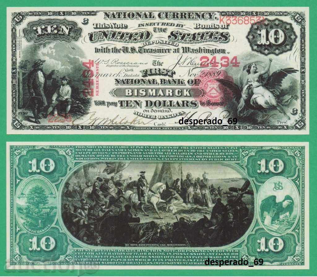 (¯` '• .¸ (reproducere) 10 USD 1889 UNC¸. •' ´¯)