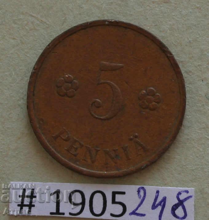 5 pence 1939 Finland Copper Coin