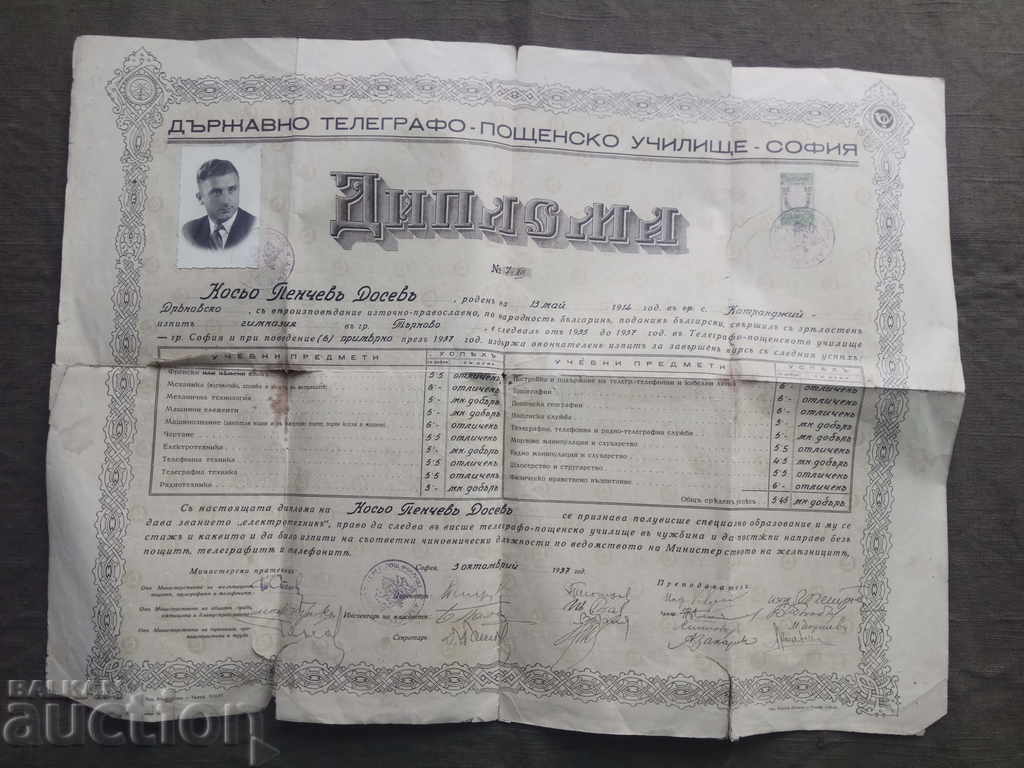 Диплома Телеграфо-пощенско упилище в София 1937