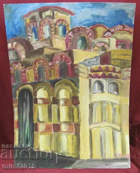 Large Original Painting-Monastery acrylic painting on cardboard