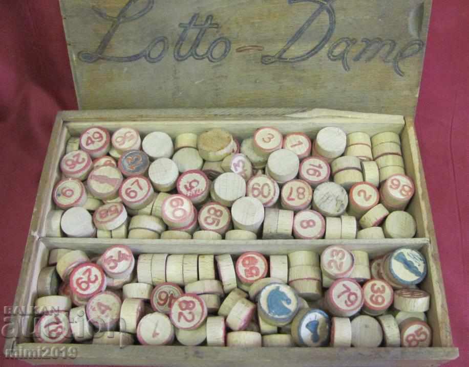 Auction  30s Wooden Box with LOTTO DAME Game