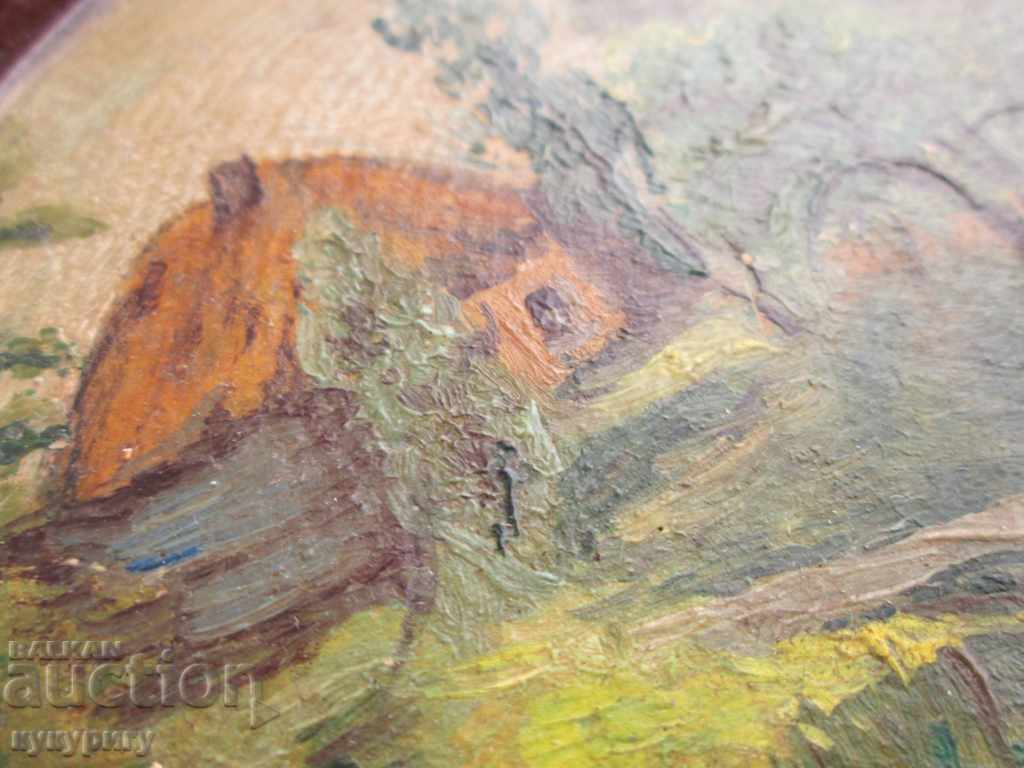 Auction Old drawing painting rural landscape oil on wooden plate Auction Old drawing painting rural landscape oil on wooden plate
